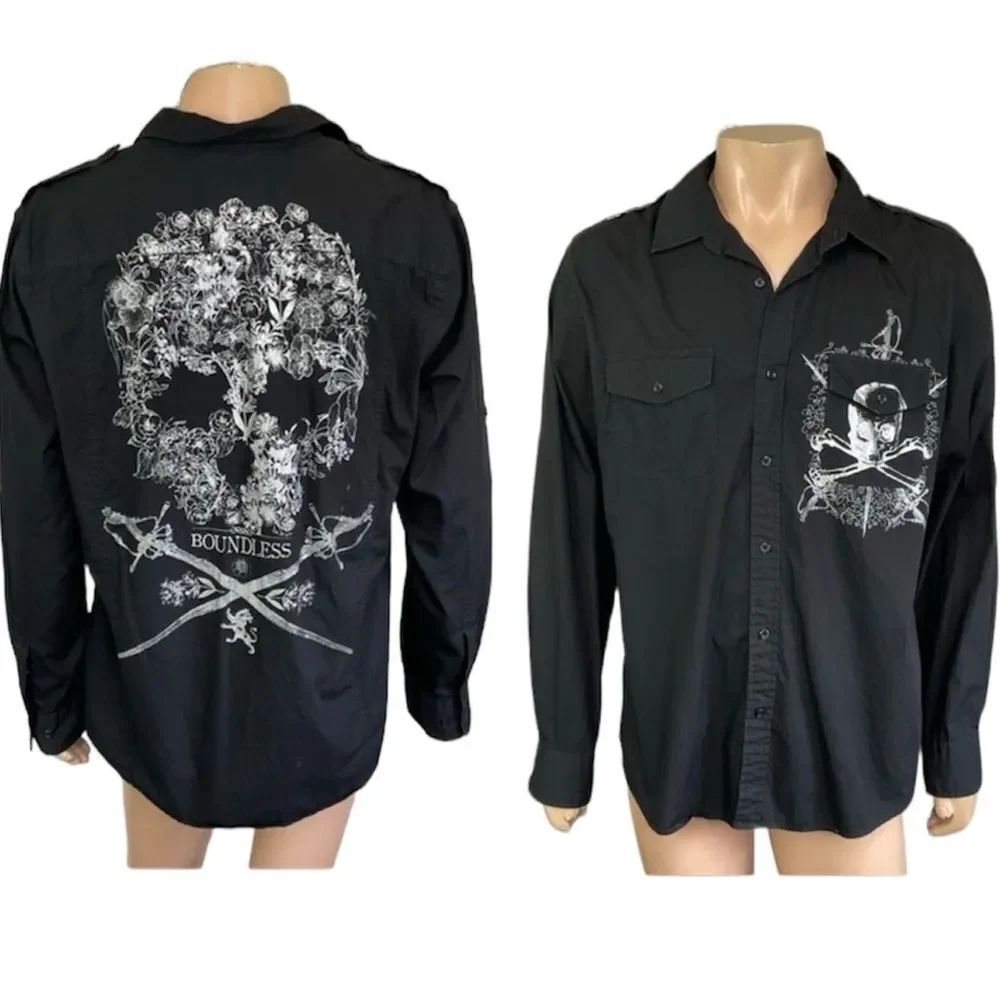 Express Men’s Vintage Black Graphic Skull Pirate Button Up Shirt Size XL